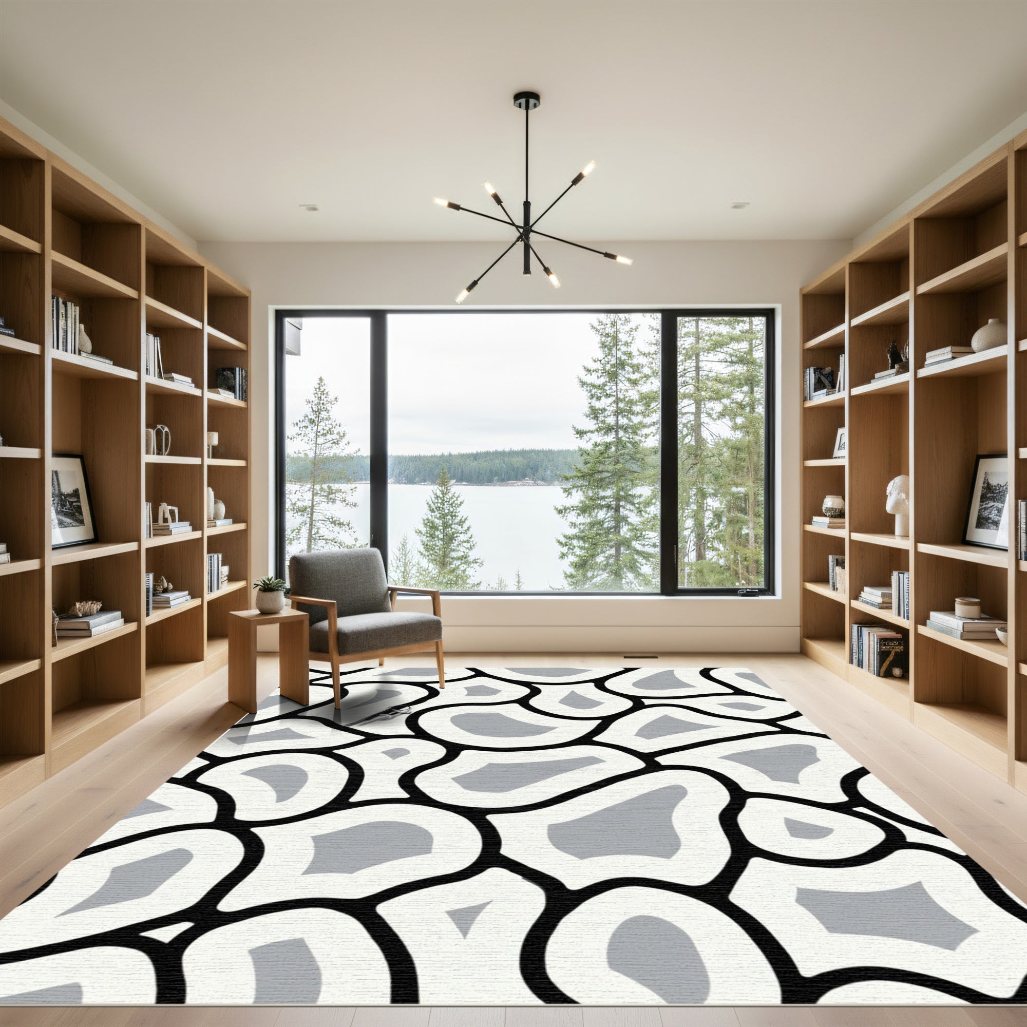 Abstract Organic Black White Grey Rug
