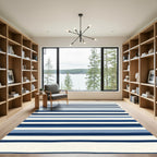 Navy Blue Cream Striped Contemporary Rug