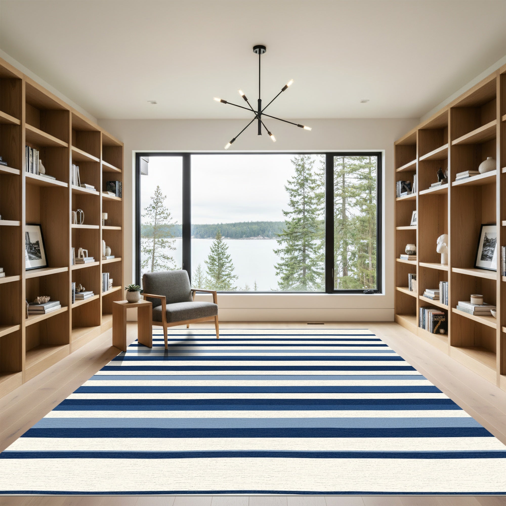 Navy Blue Cream Striped Contemporary Rug