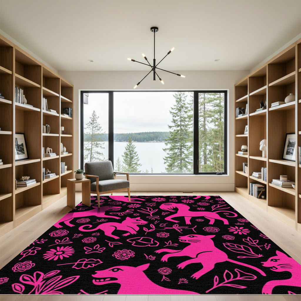 Bright Pink Animals Flowers Botanical Black Rug