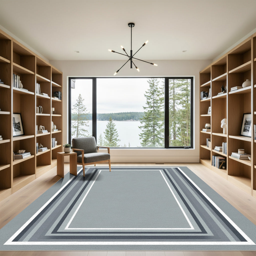 Cool Gray Concentric Stripe Border Rug