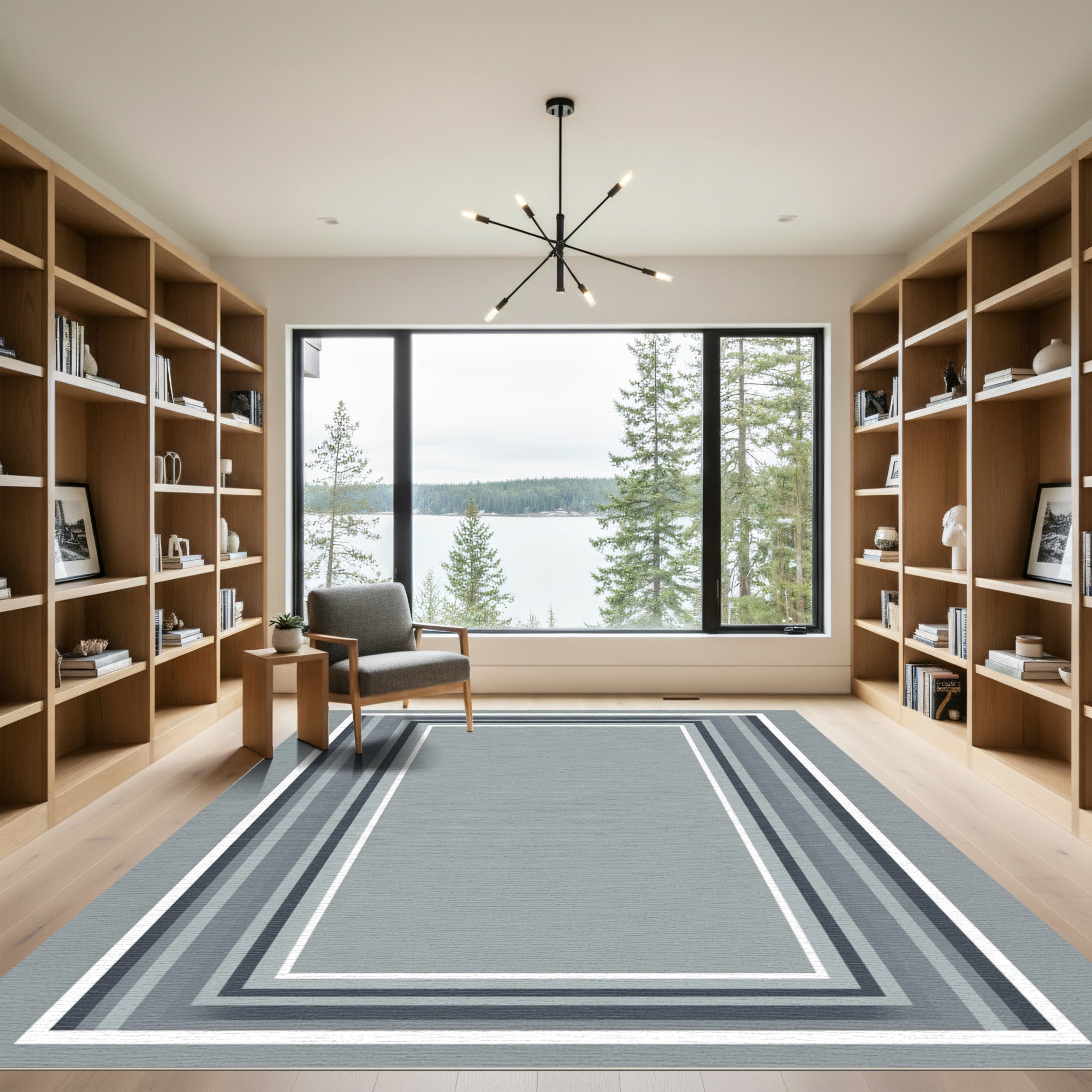 Cool Gray Concentric Stripe Border Rug