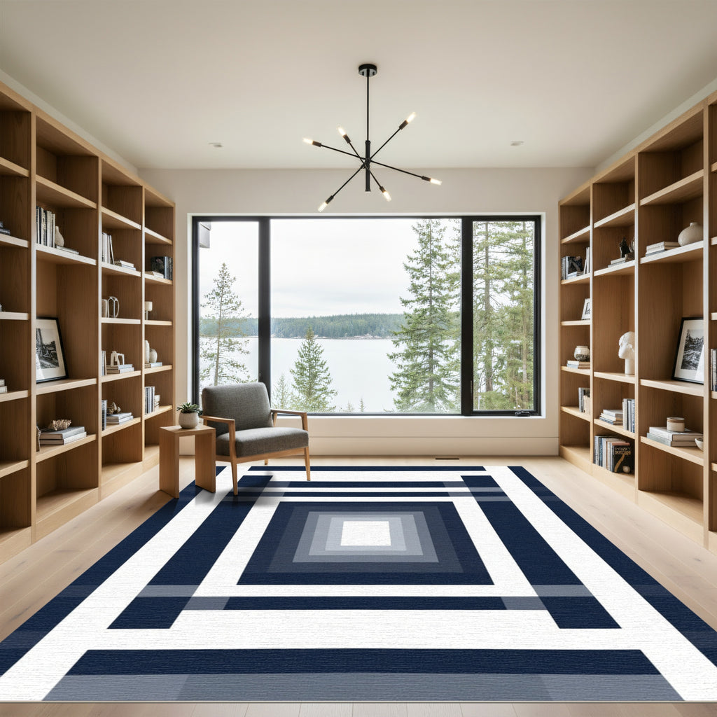 Navy White Geometric Concentric Squares Rug