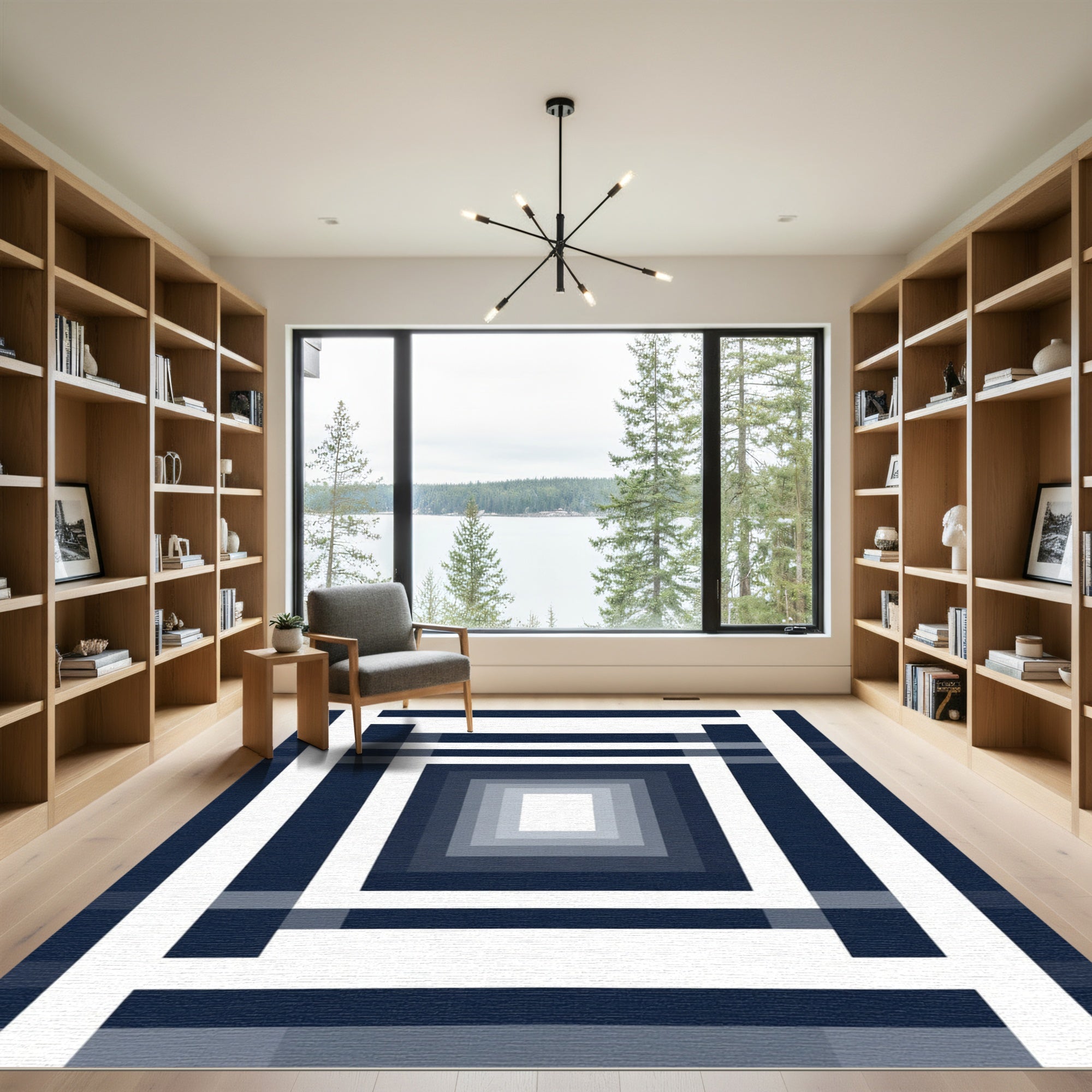 Navy White Geometric Concentric Squares Rug