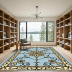 Pale Blue Golden Floral Medallion Rug