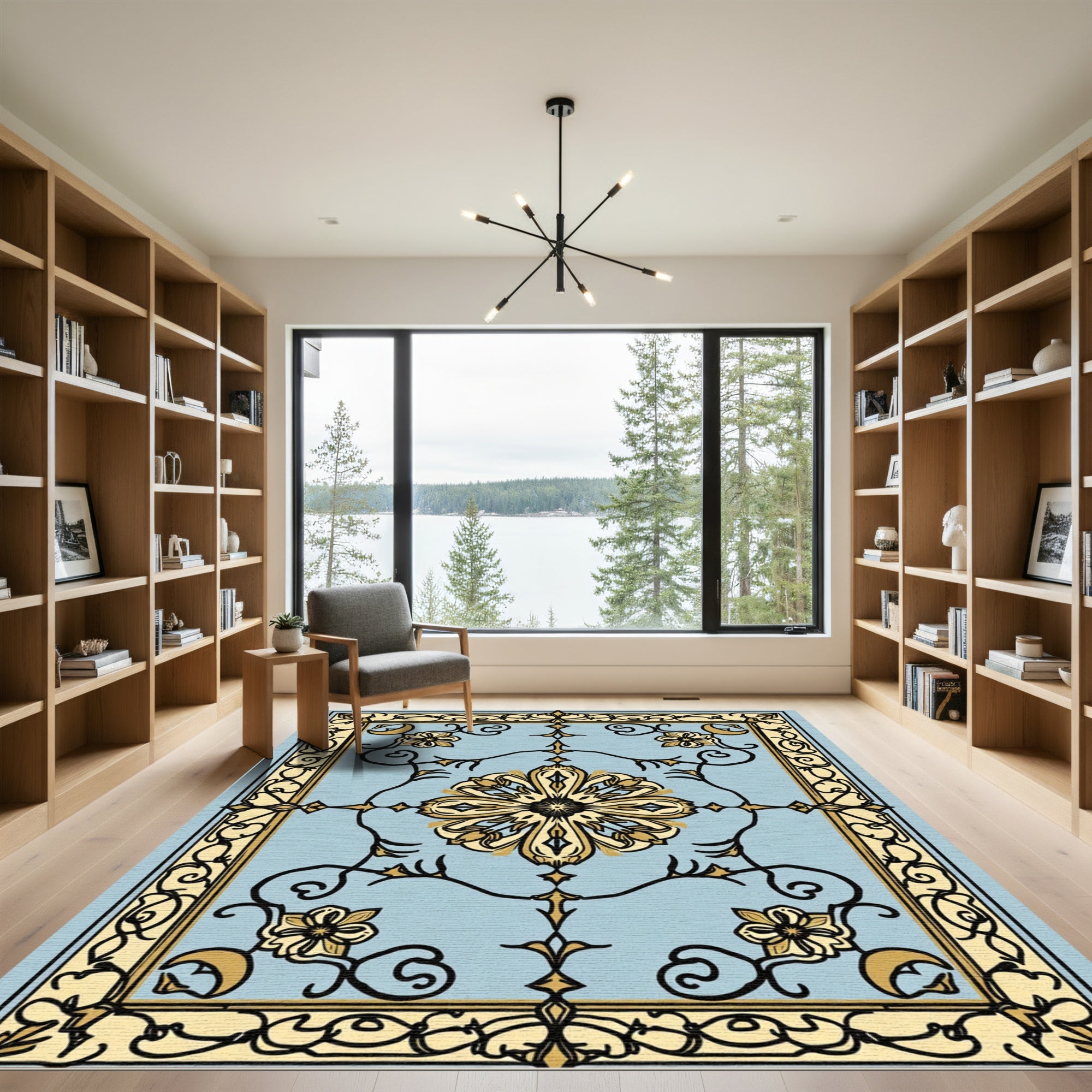Pale Blue Golden Floral Medallion Rug