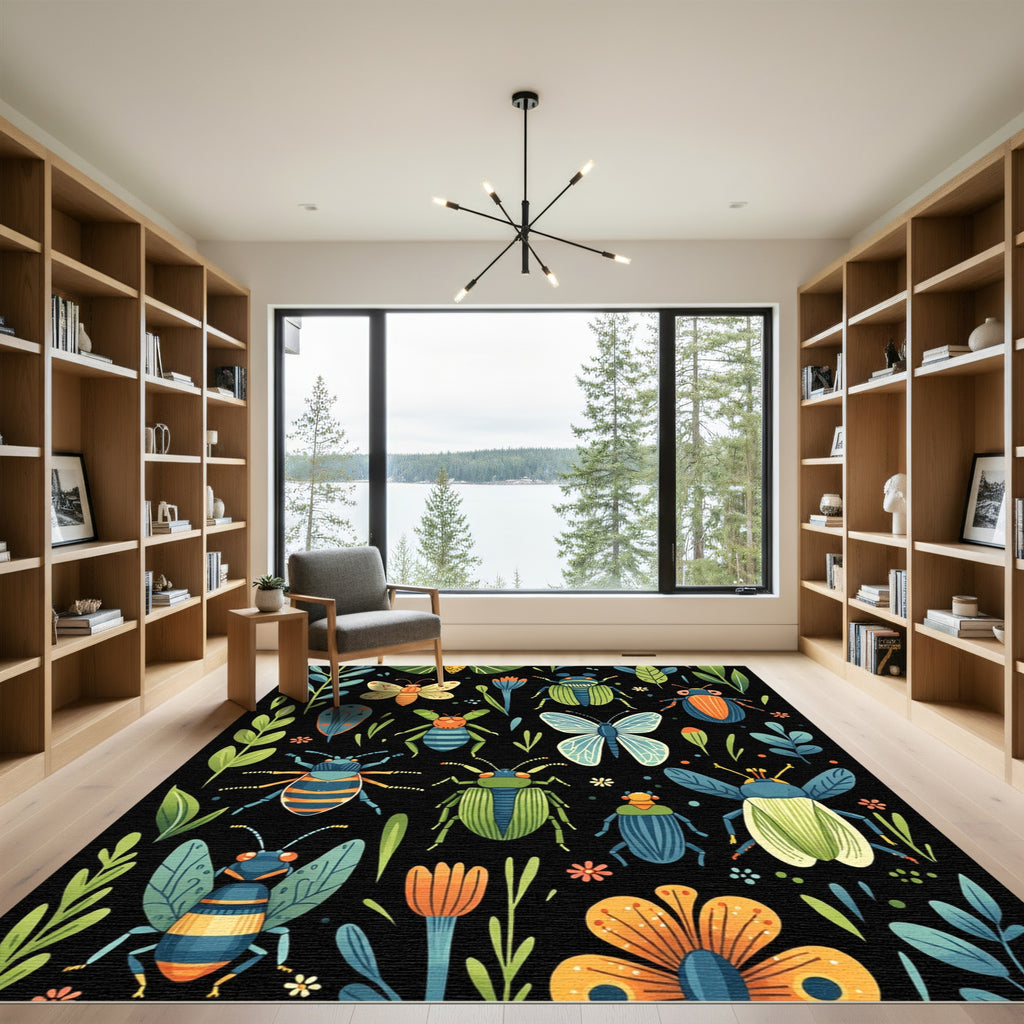 Whimsical Insect Garden Black Rug