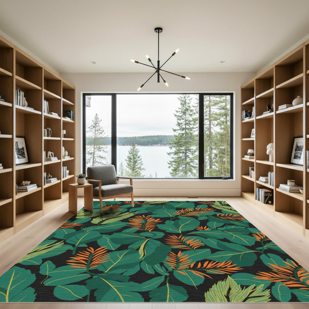 Emerald Teal Leafy Foliage Botanical Rug