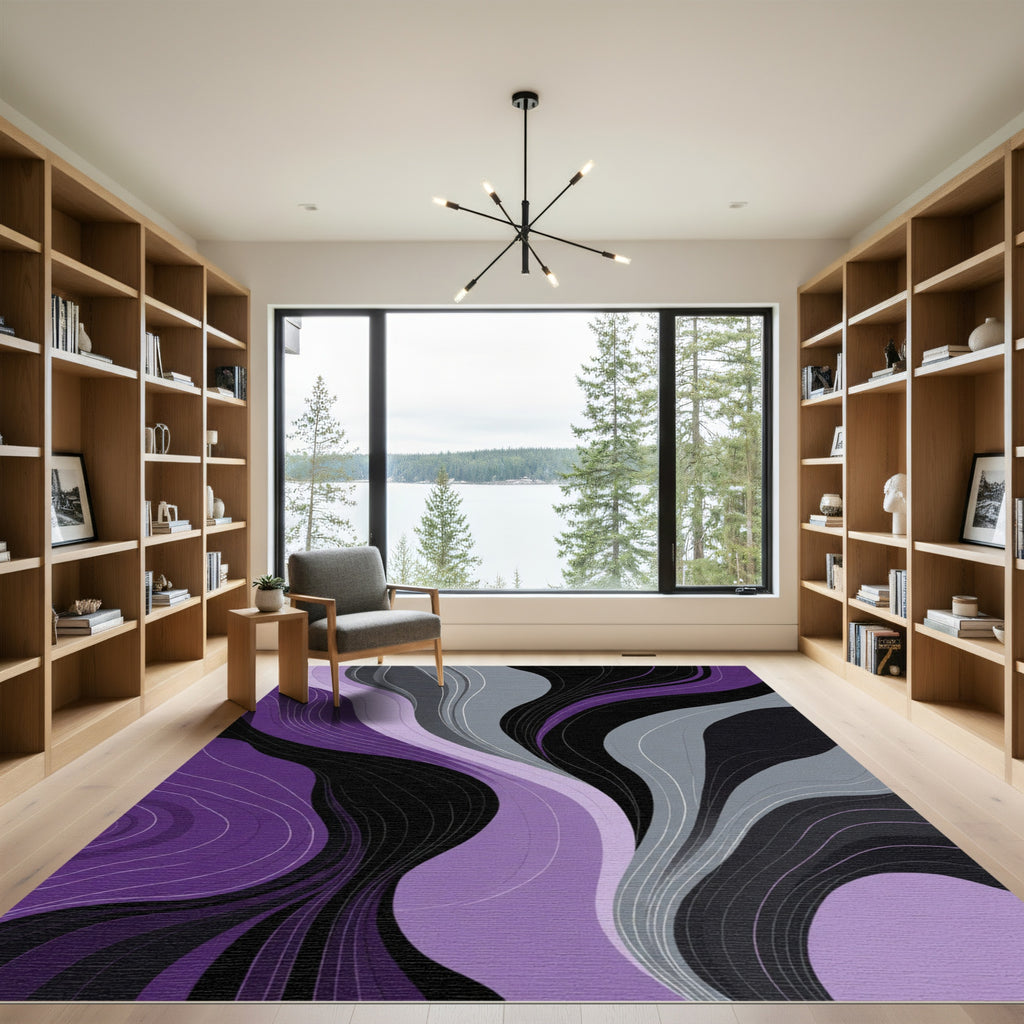 Modern Purple Gray Black Swirls Rug