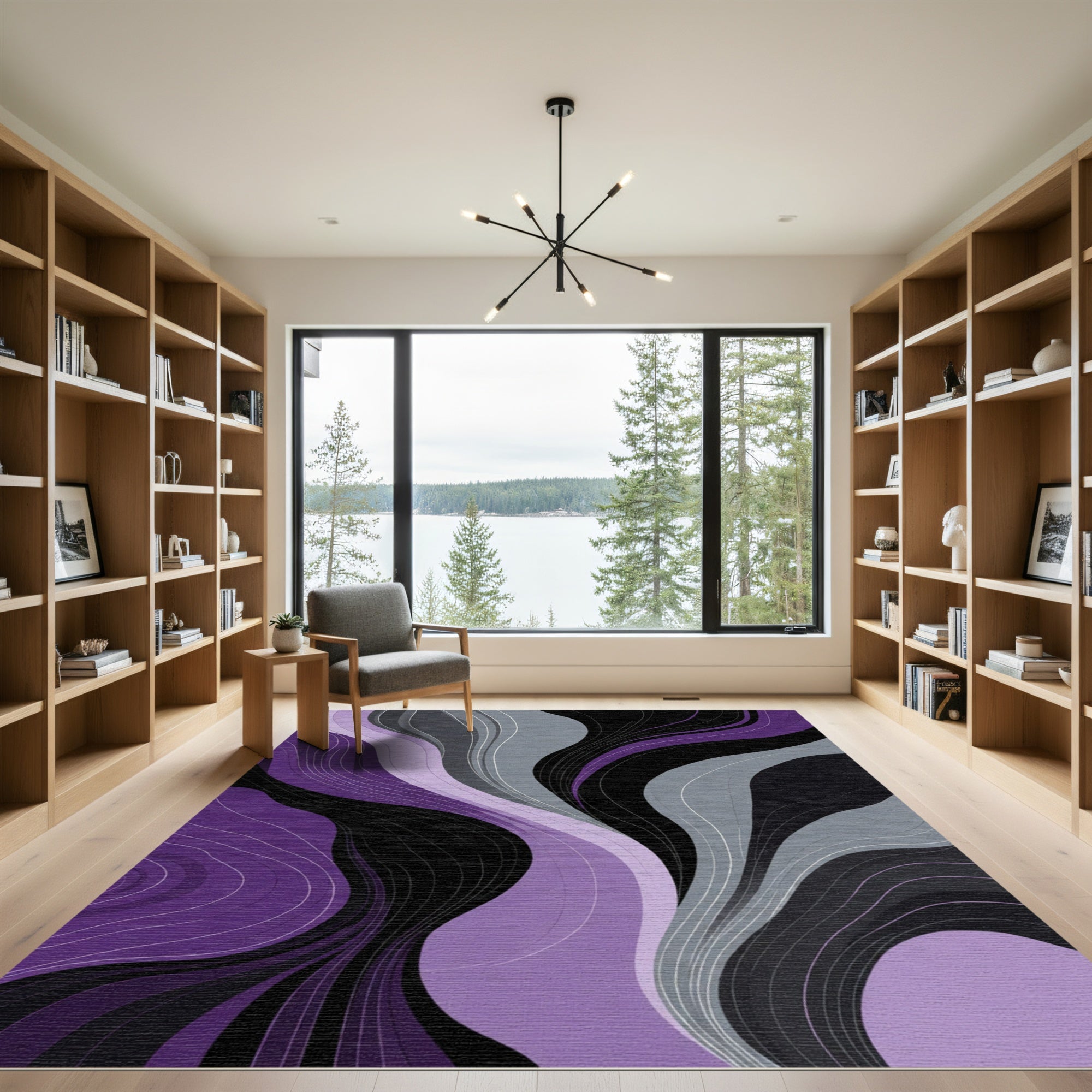 Modern Purple Gray Black Swirls Rug