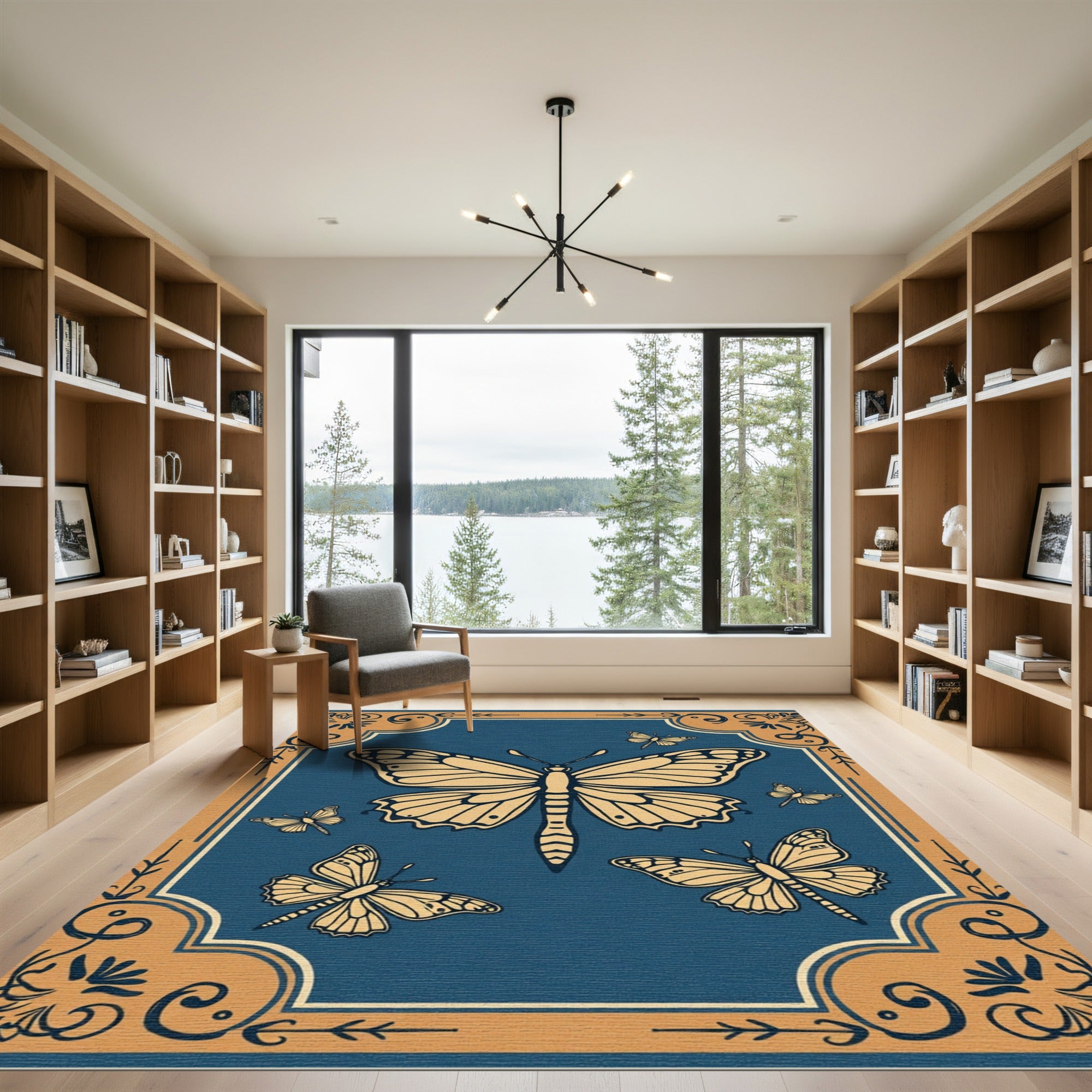 Golden Butterflies on Deep Blue Background Rug