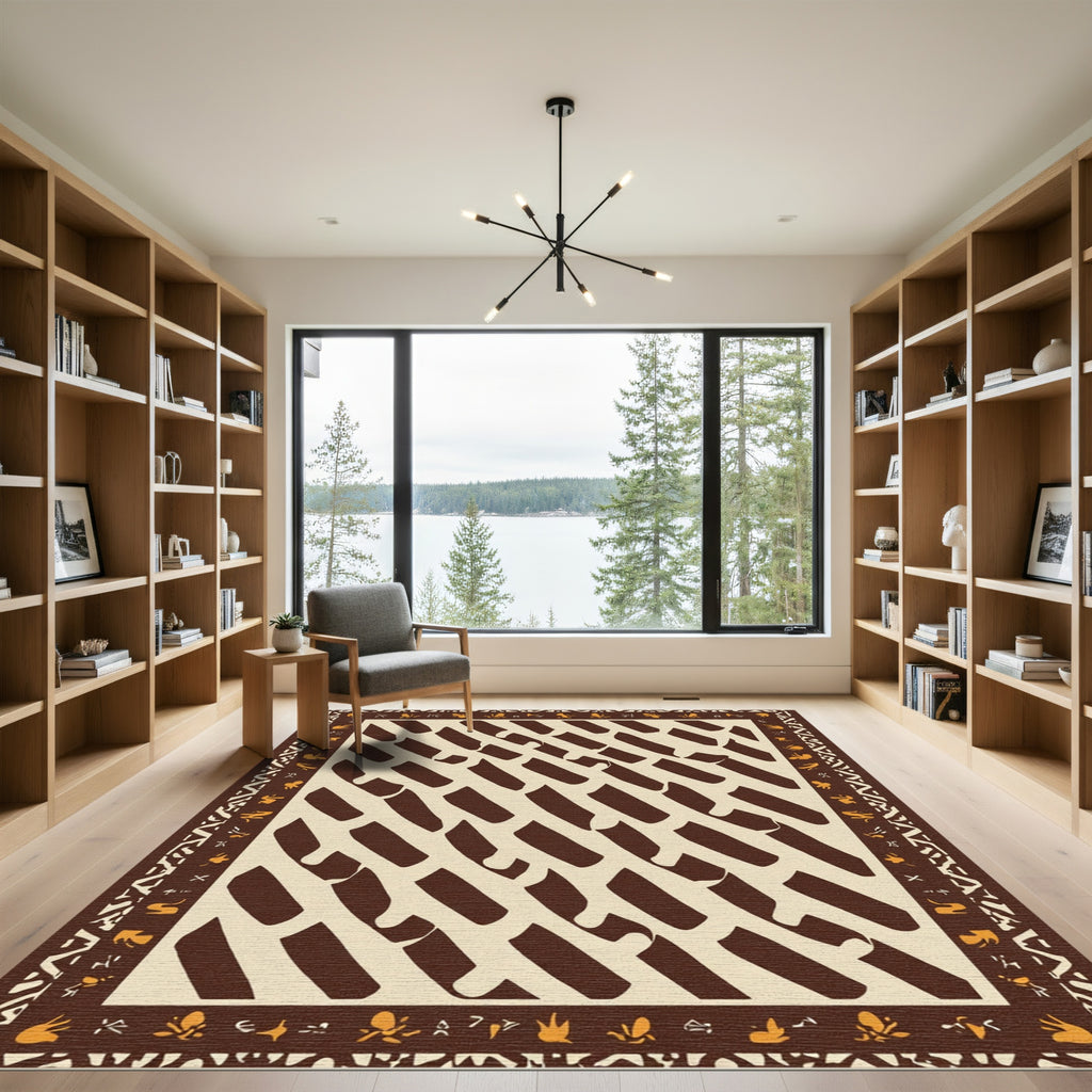 Brown Cream Abstract Striped Geometric Border Rug