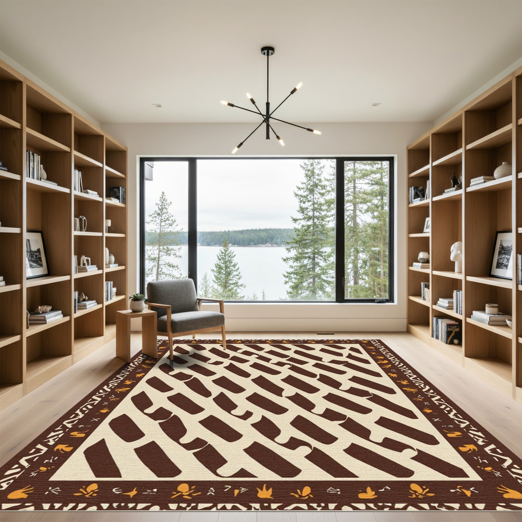 Brown Cream Abstract Striped Geometric Border Rug