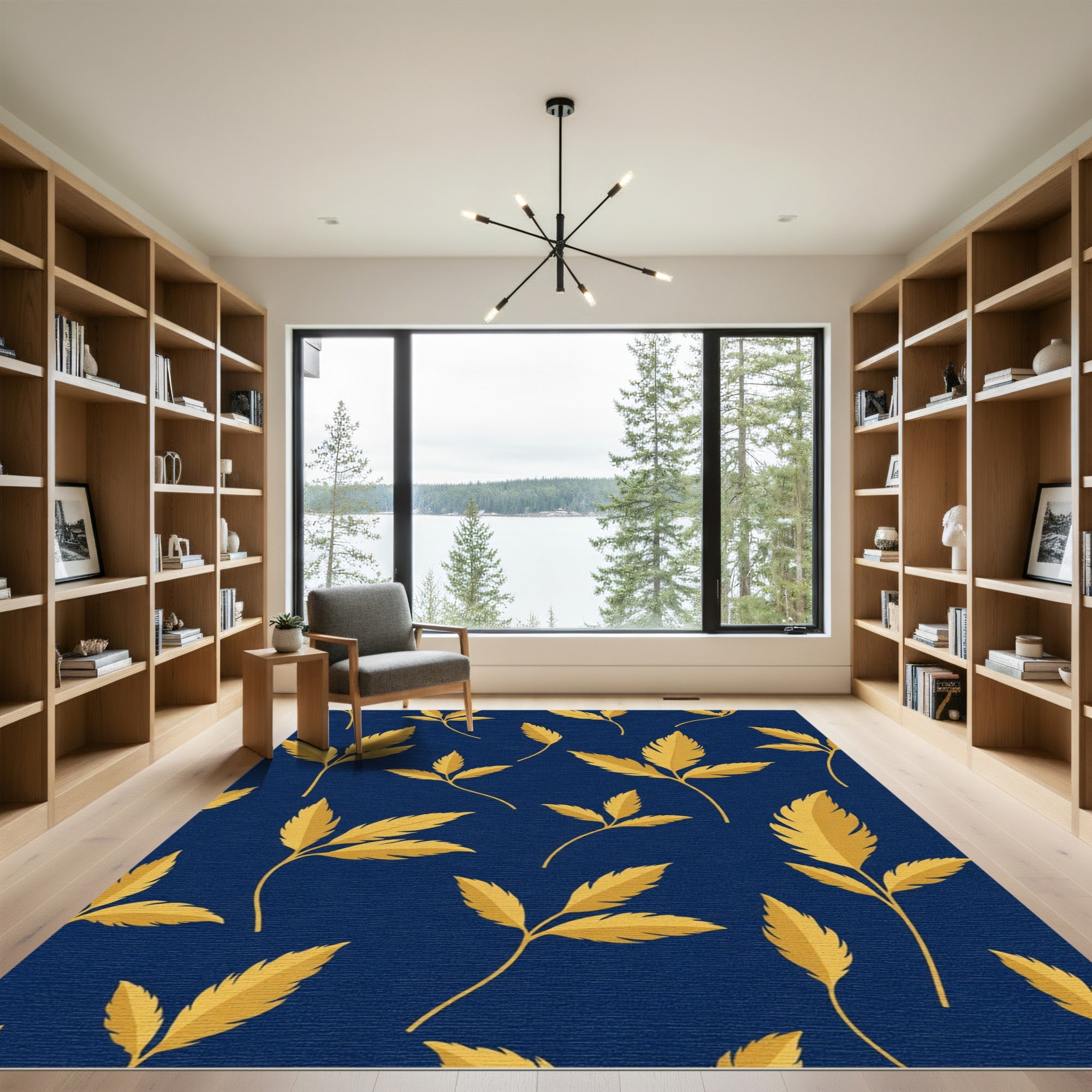 Golden Leaf Branches Navy Background Rug