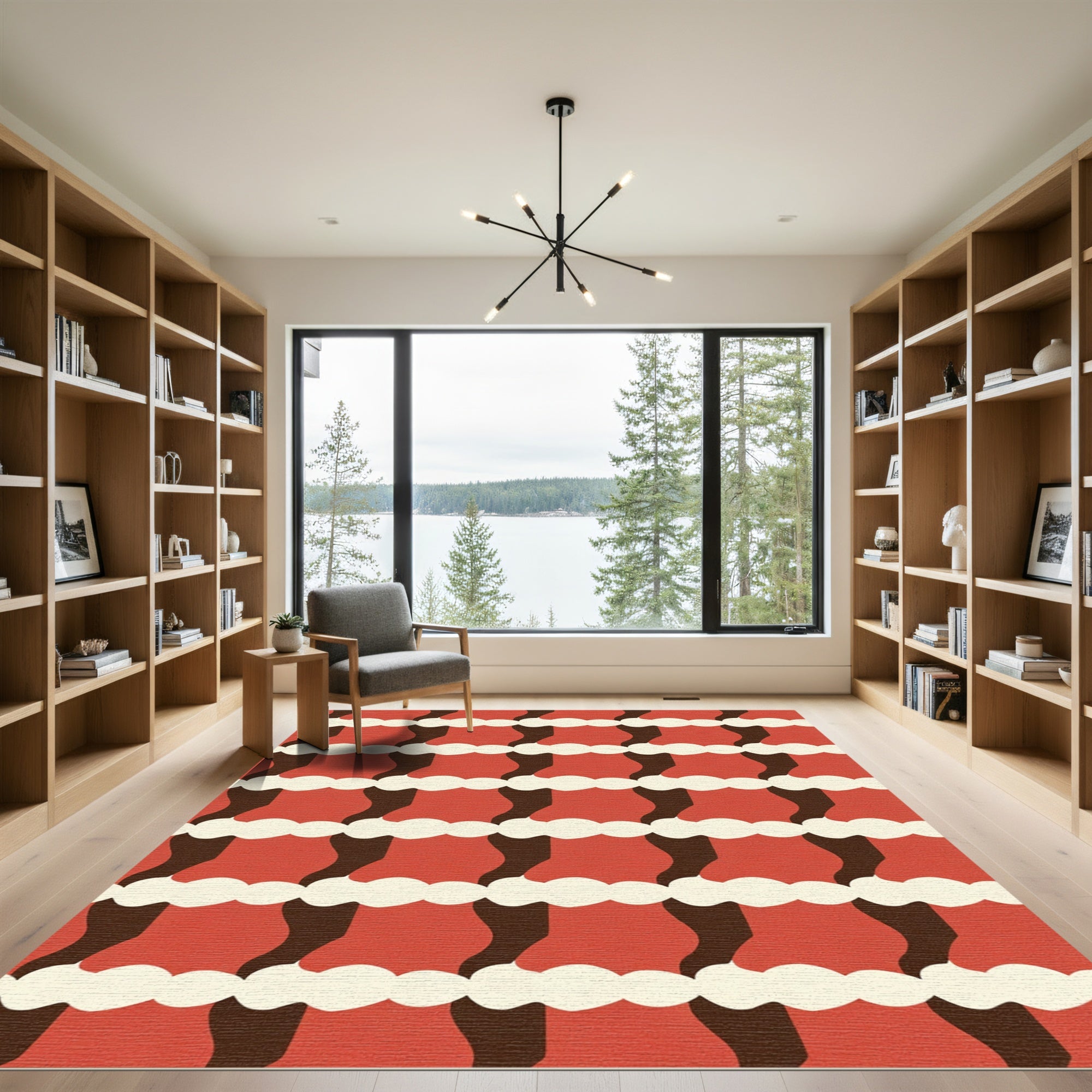 Terracotta Red Abstract Wave Rug