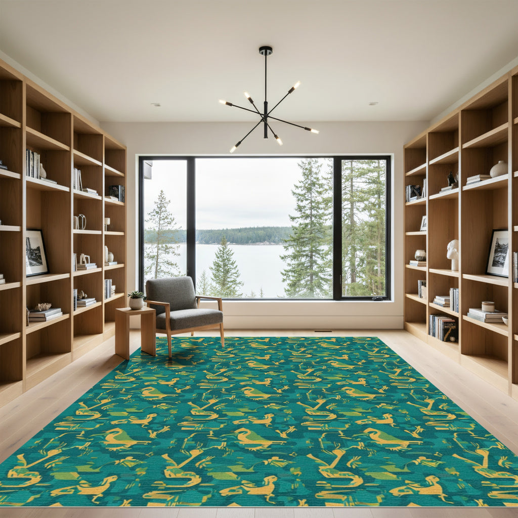 Teal Yellow Abstract Bird Silhouette Rug