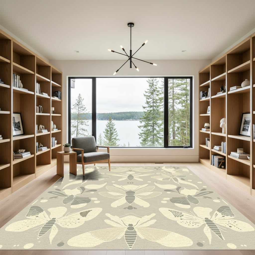 Cream Beige Abstract Insect Collage Rug