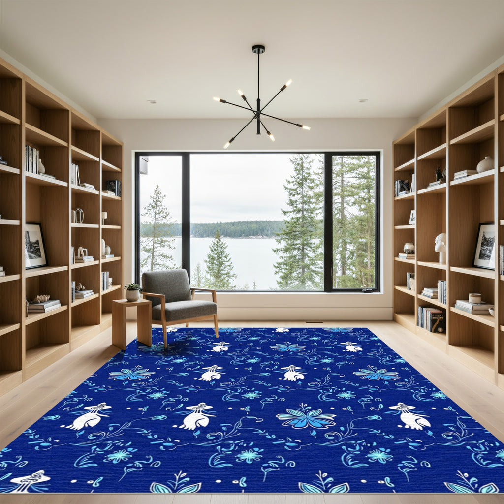 Indigo Blue Floral Silhouette Pattern Rug