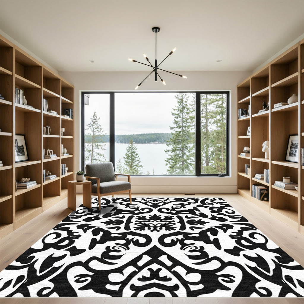 Bold Black And White Baroque Scroll Rug