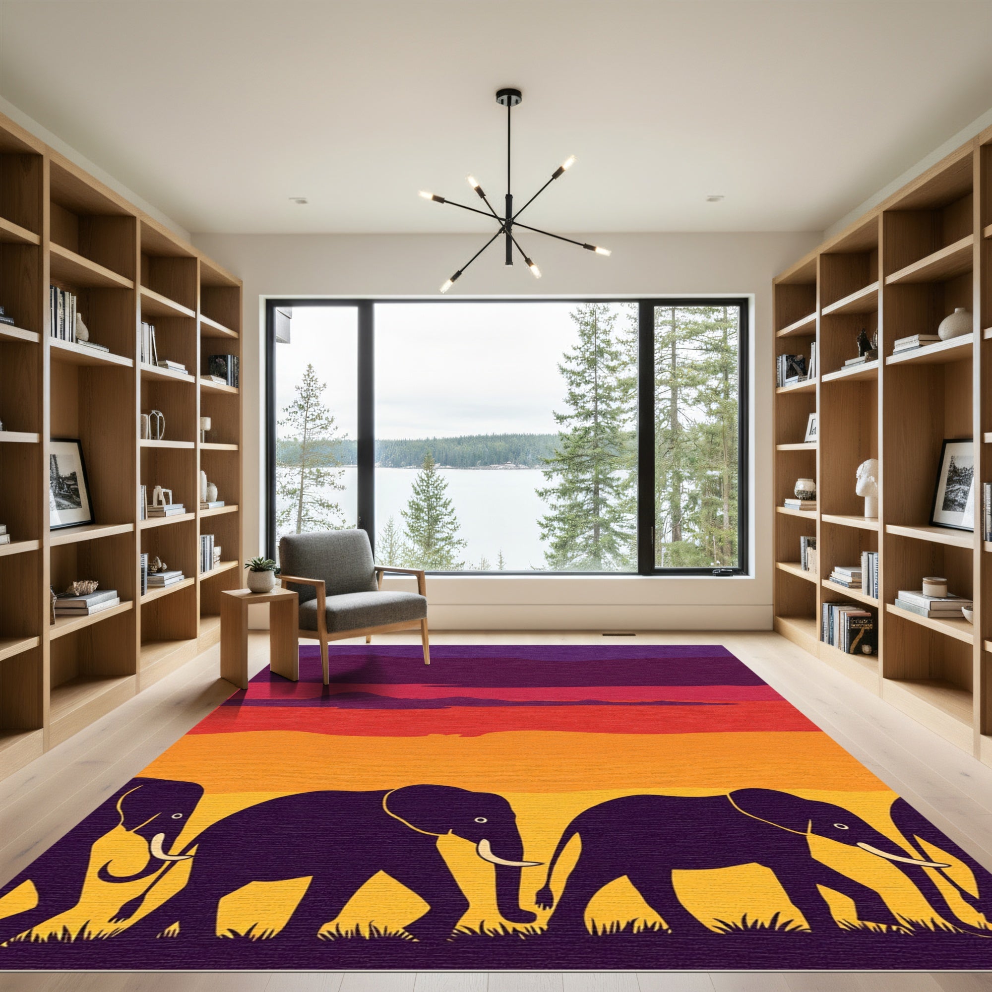 Vibrant Purple Sunset Elephant Herd Rug