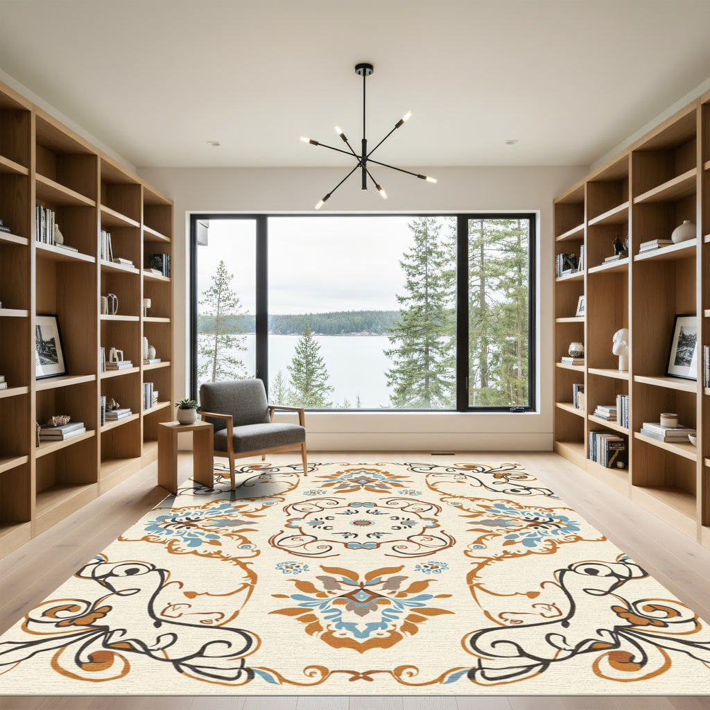 Terracotta Blue Floral Swirl Medallion Rug
