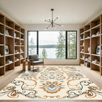 Terracotta Blue Floral Swirl Medallion Rug