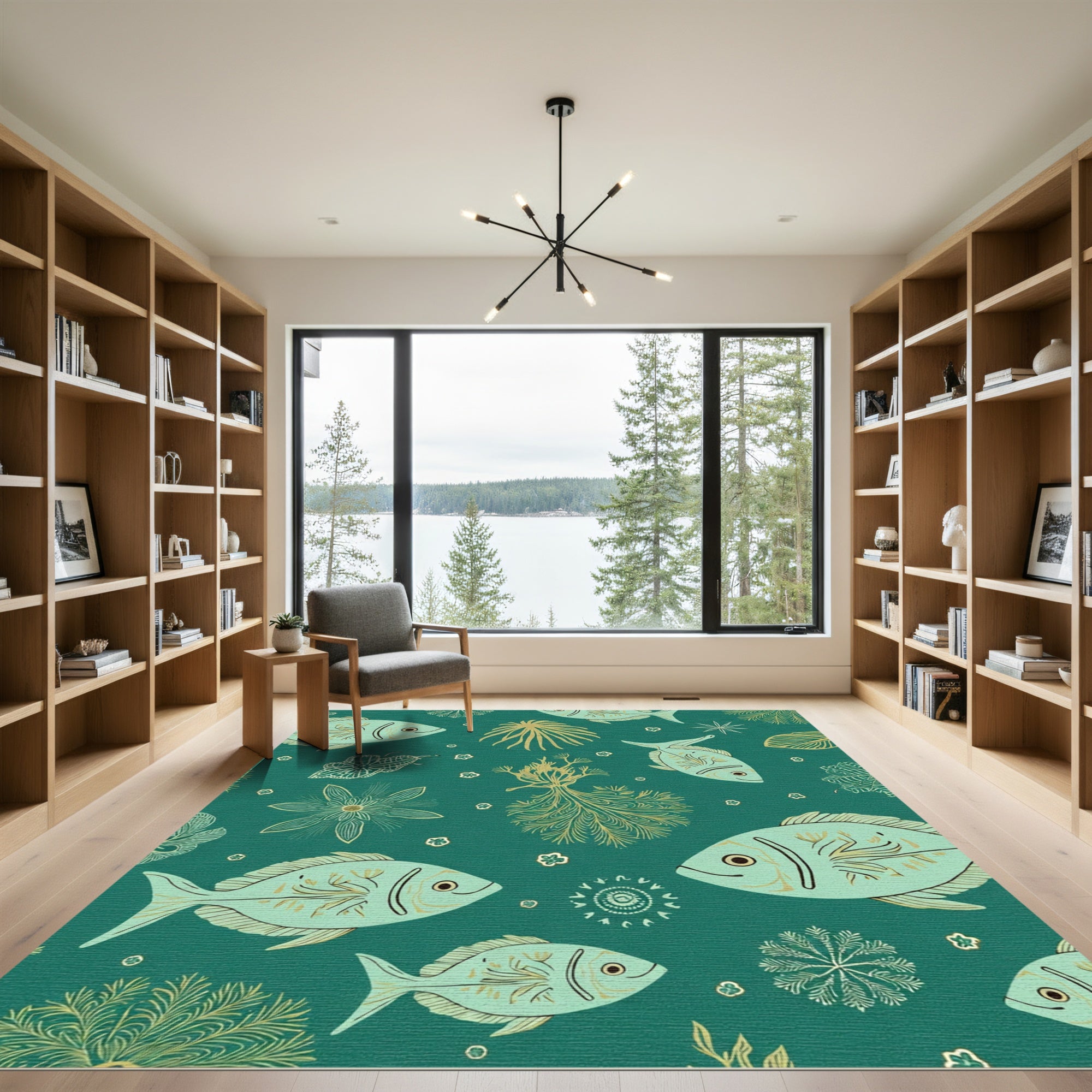 Teal Gold Underwater Fish Coral Rug