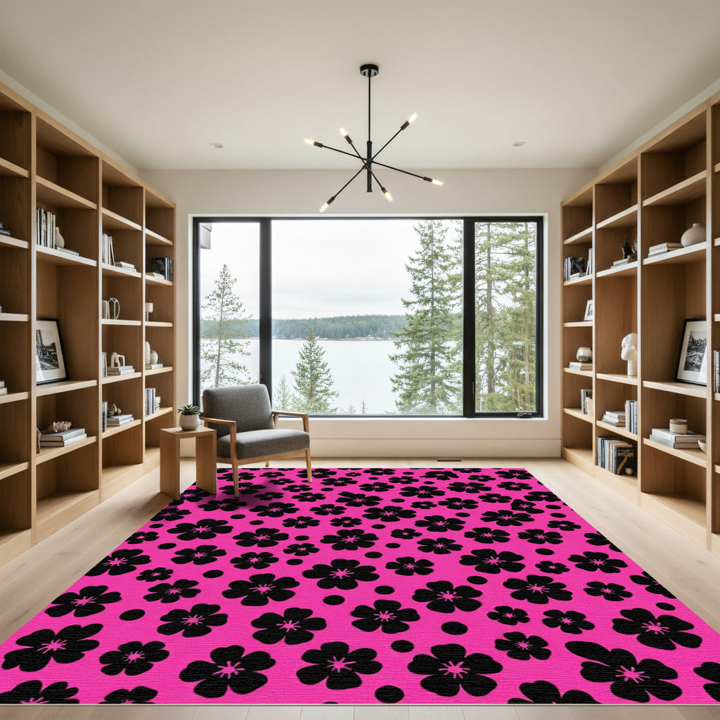 Hot Pink Black Floral Dots Rug