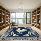 Navy Cream Rooster Floral Border Rug