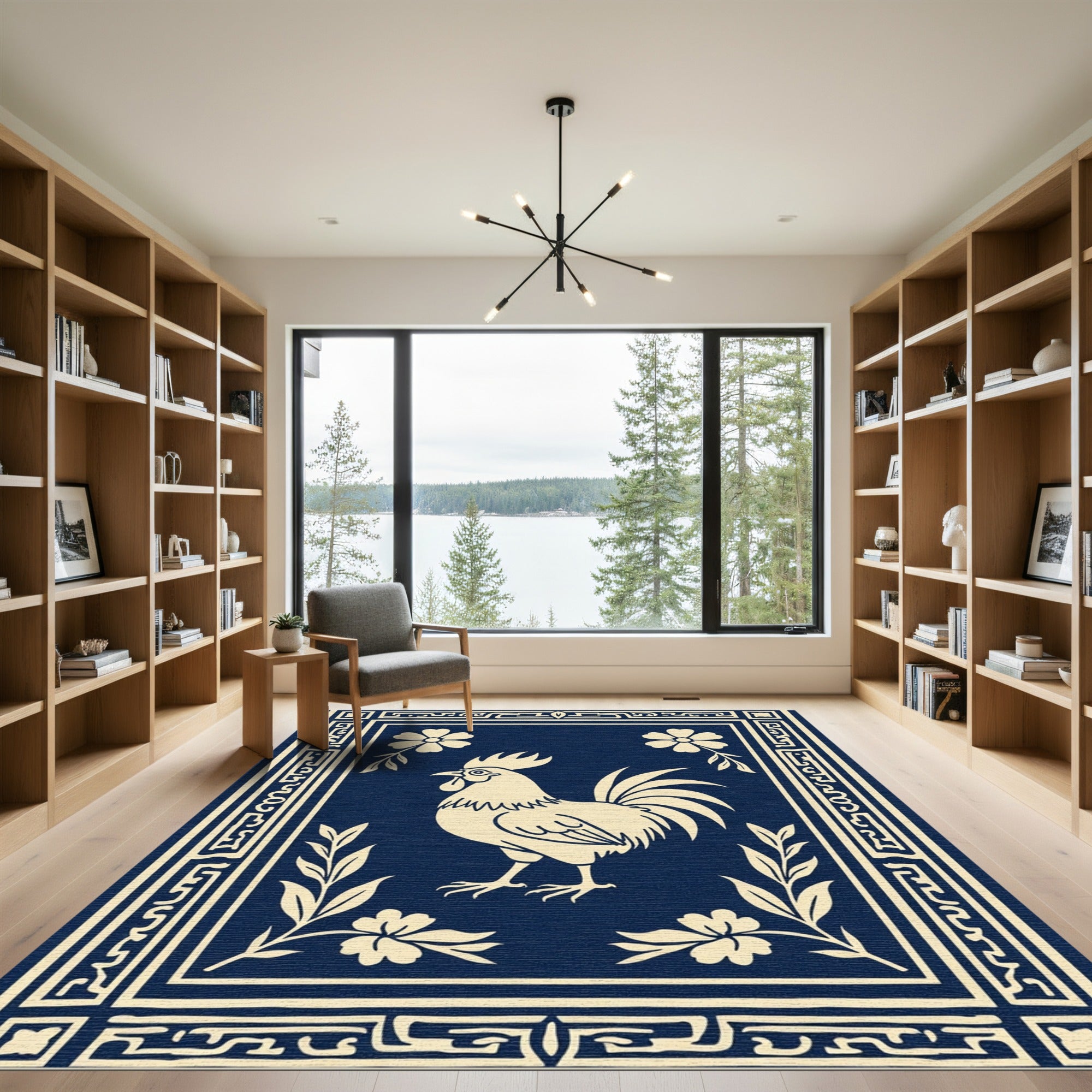 Navy Cream Rooster Floral Border Rug