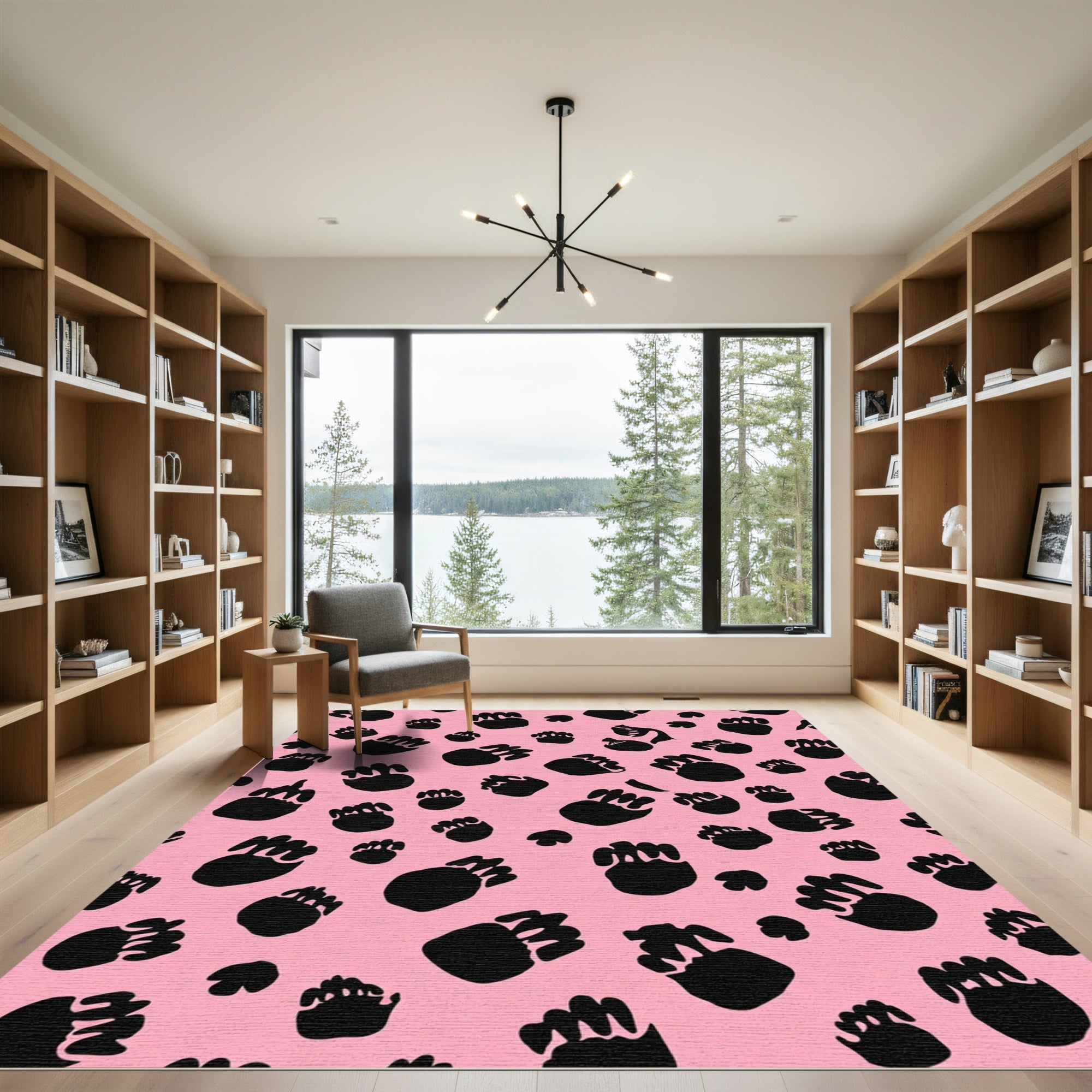 Pink Black Paw Print Scattered Collage Rug