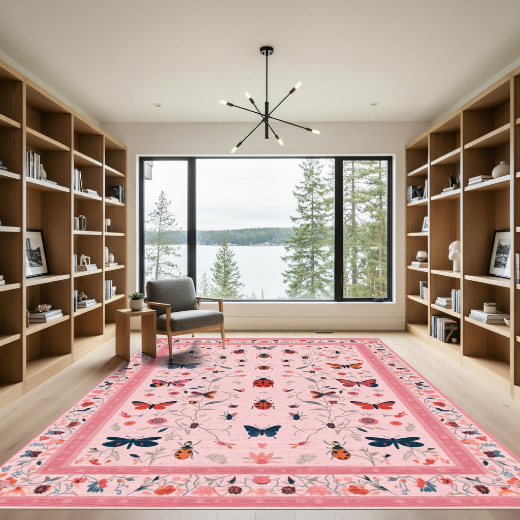 Pink Romantic Garden Butterfly Ladybug Rug