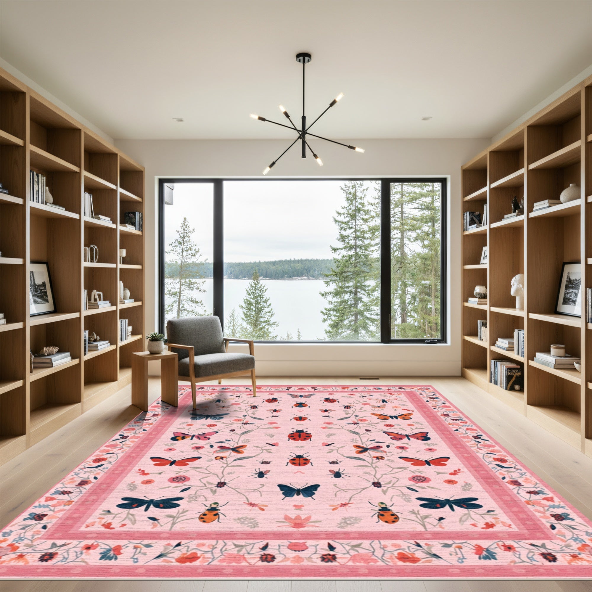 Pink Romantic Garden Butterfly Ladybug Rug