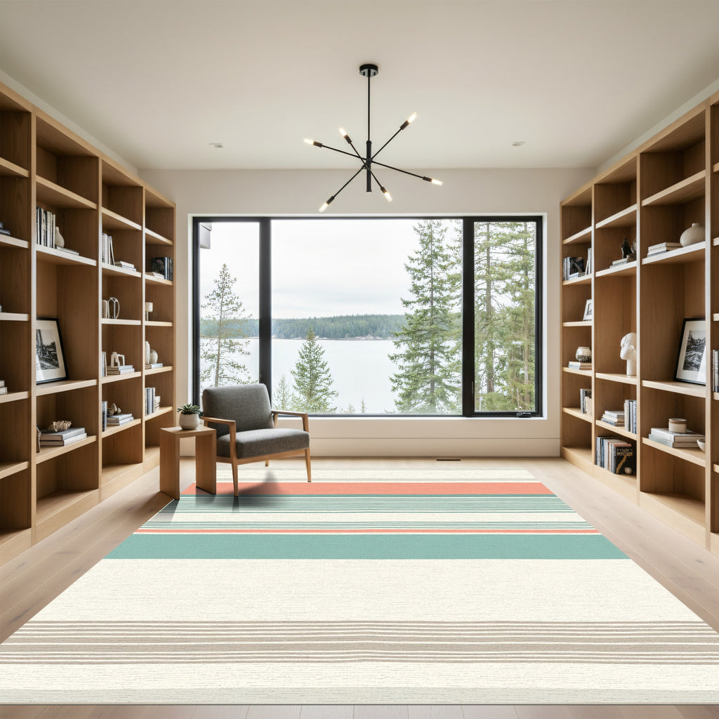 Coral Teal Cream Horizontal Stripe Rug