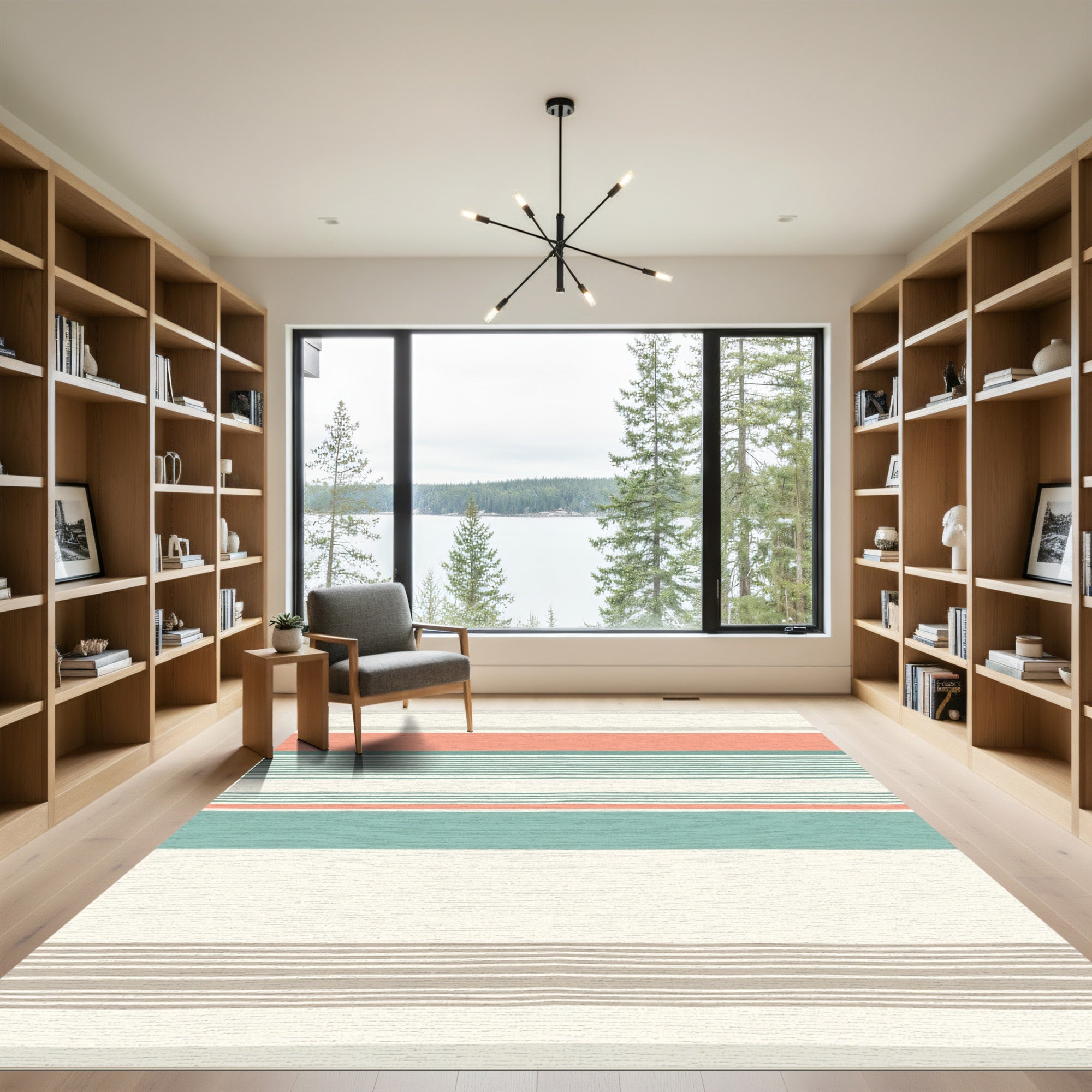 Coral Teal Cream Horizontal Stripe Rug
