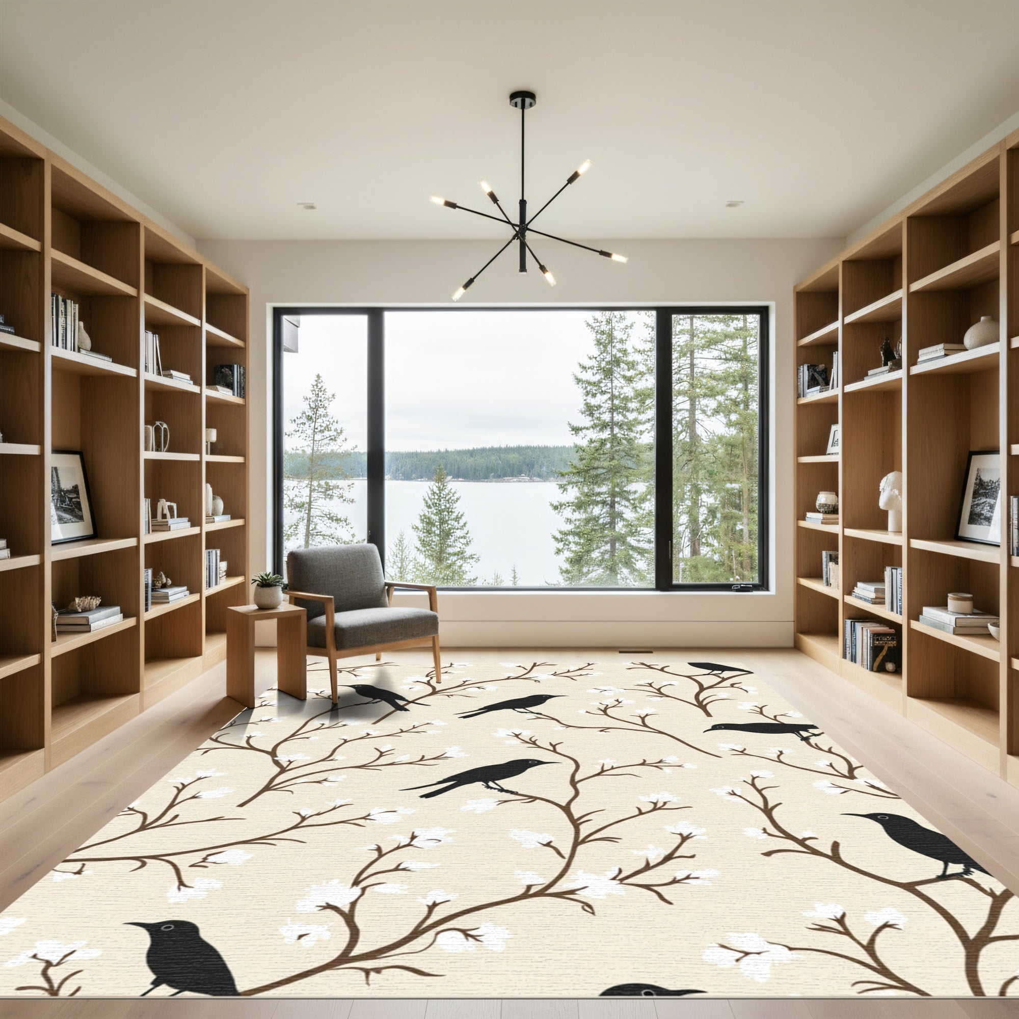 Black Bird White Blossom Branches Rug