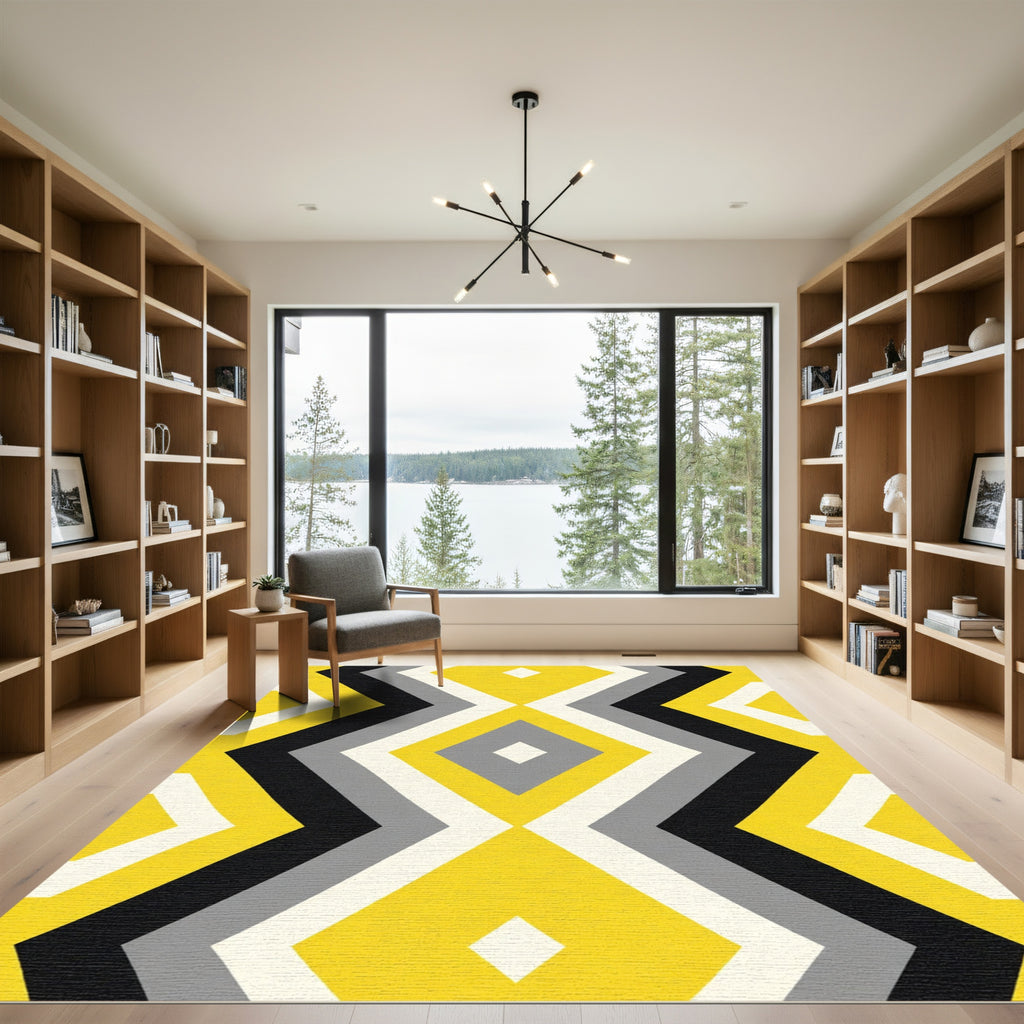 Yellow Gray Black Diamond Zigzag Rug
