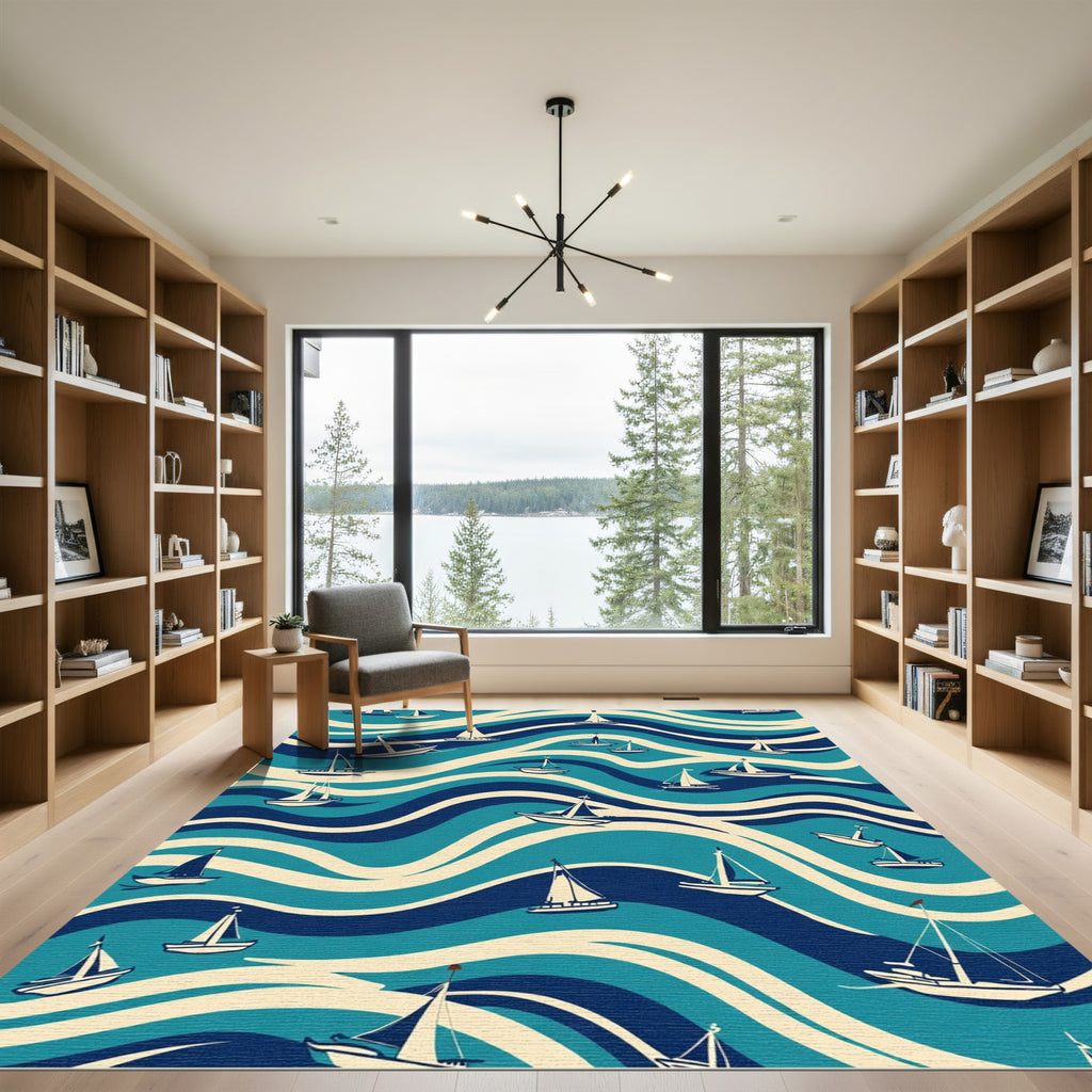 Blue Waves Sailing Ships Rug