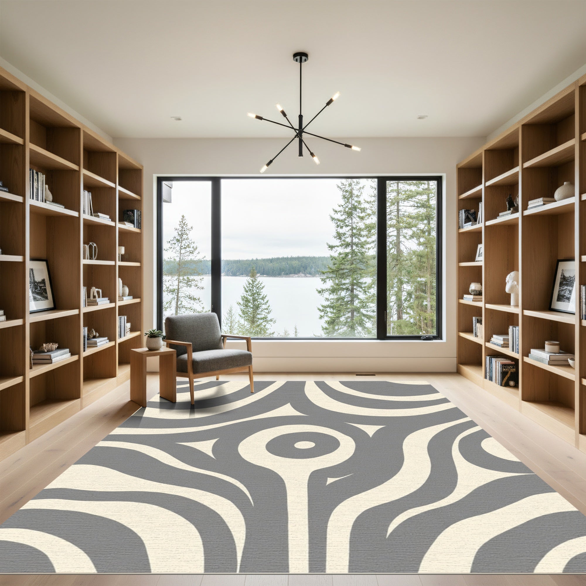 Gray Cream Abstract Swirling Curves Rug