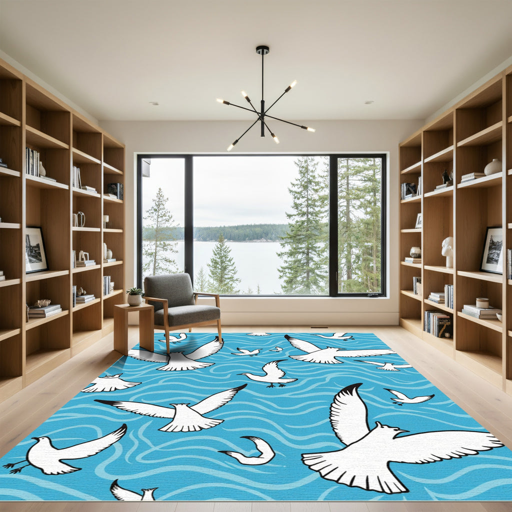 White Seagulls Against Blue Waves Rug
