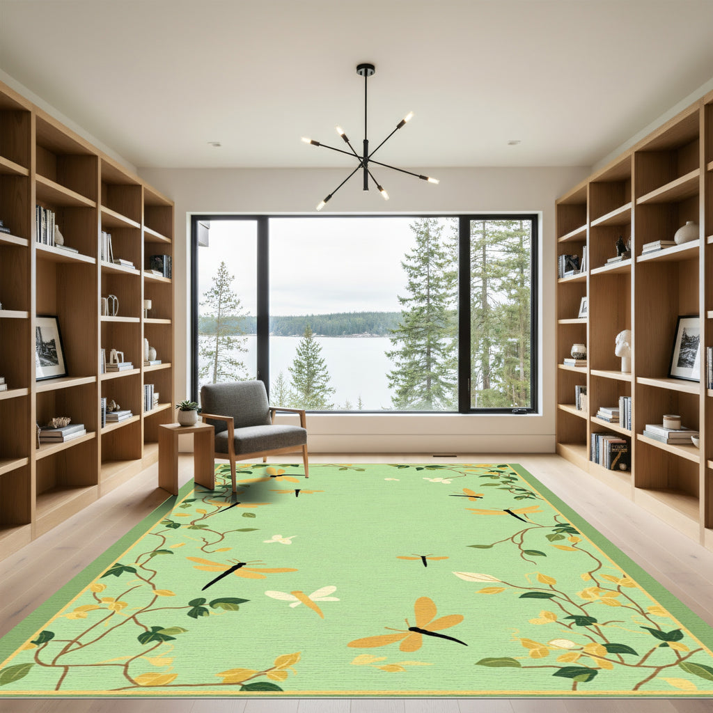 Golden Dragonflies Green Garden Whimsy Rug