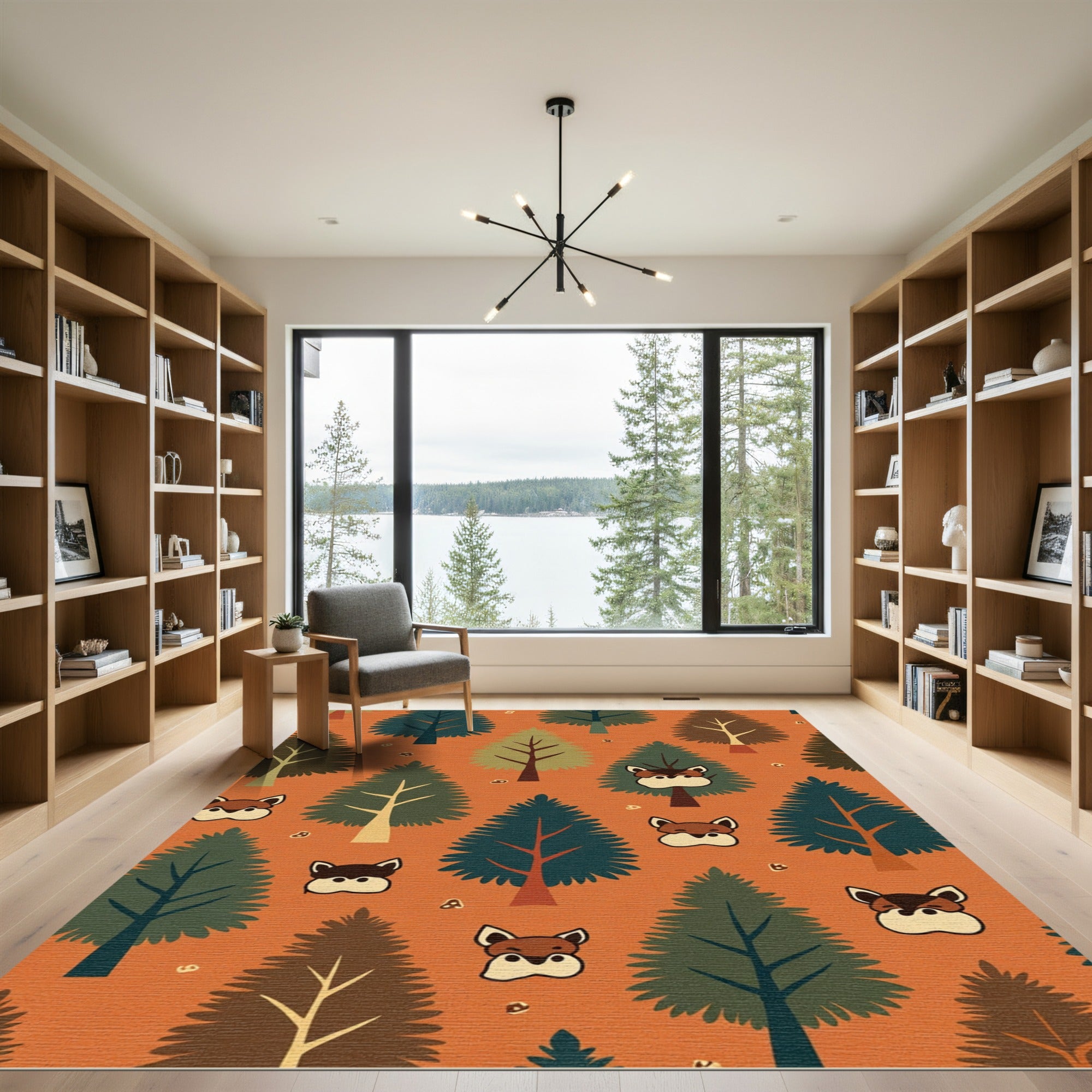 Earthy Forest Trees Fox Faces Woodland Rug