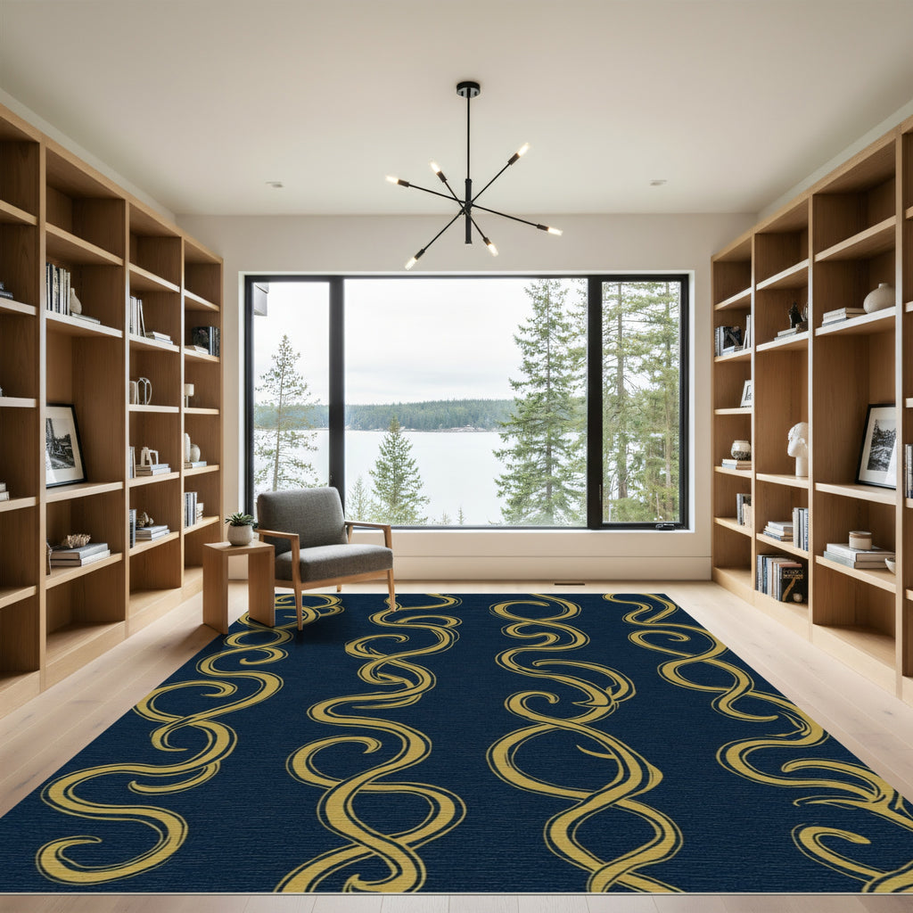 Gold Swirl Vine Navy Blue Rug
