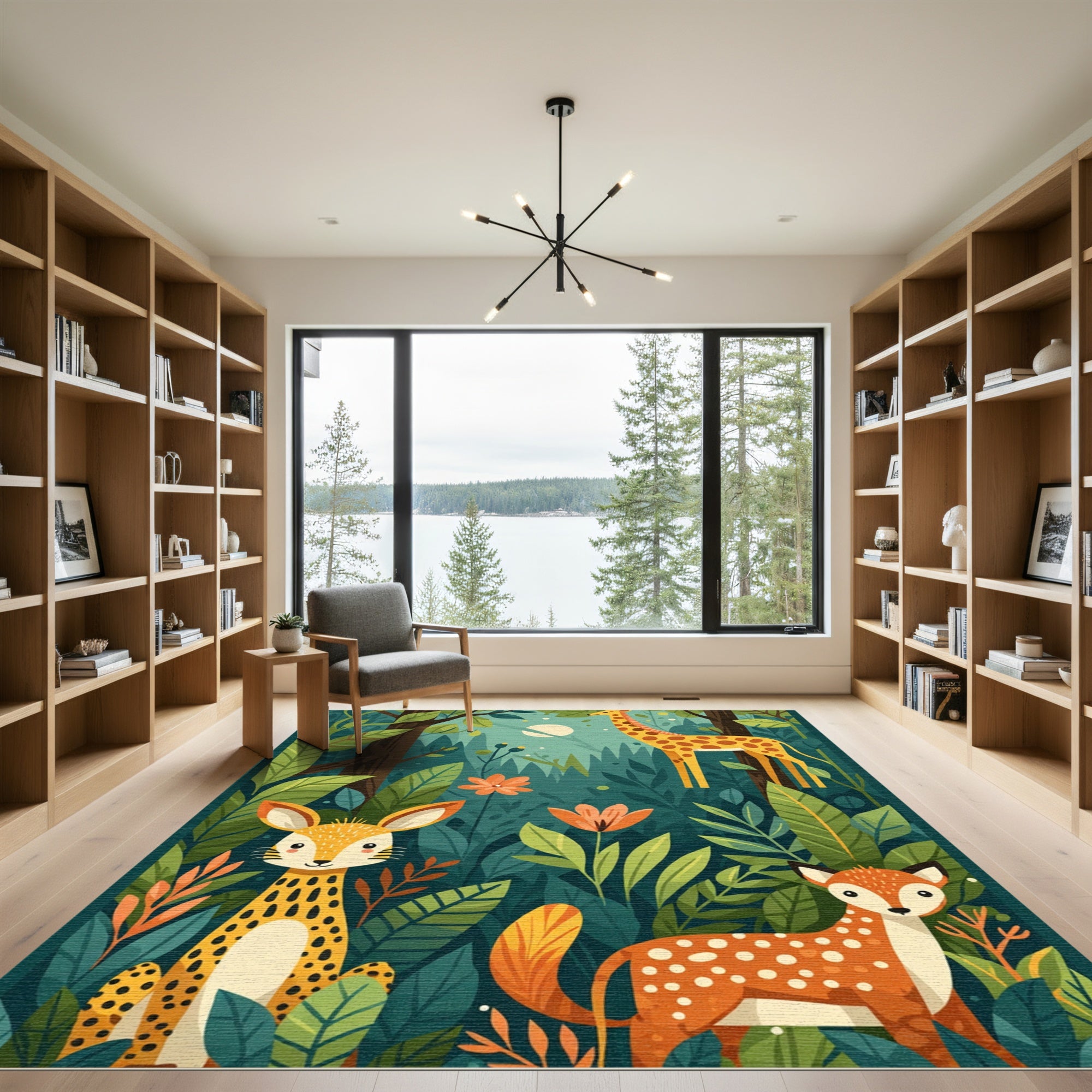 Whimsical Forest Animals Orange Flower Rug