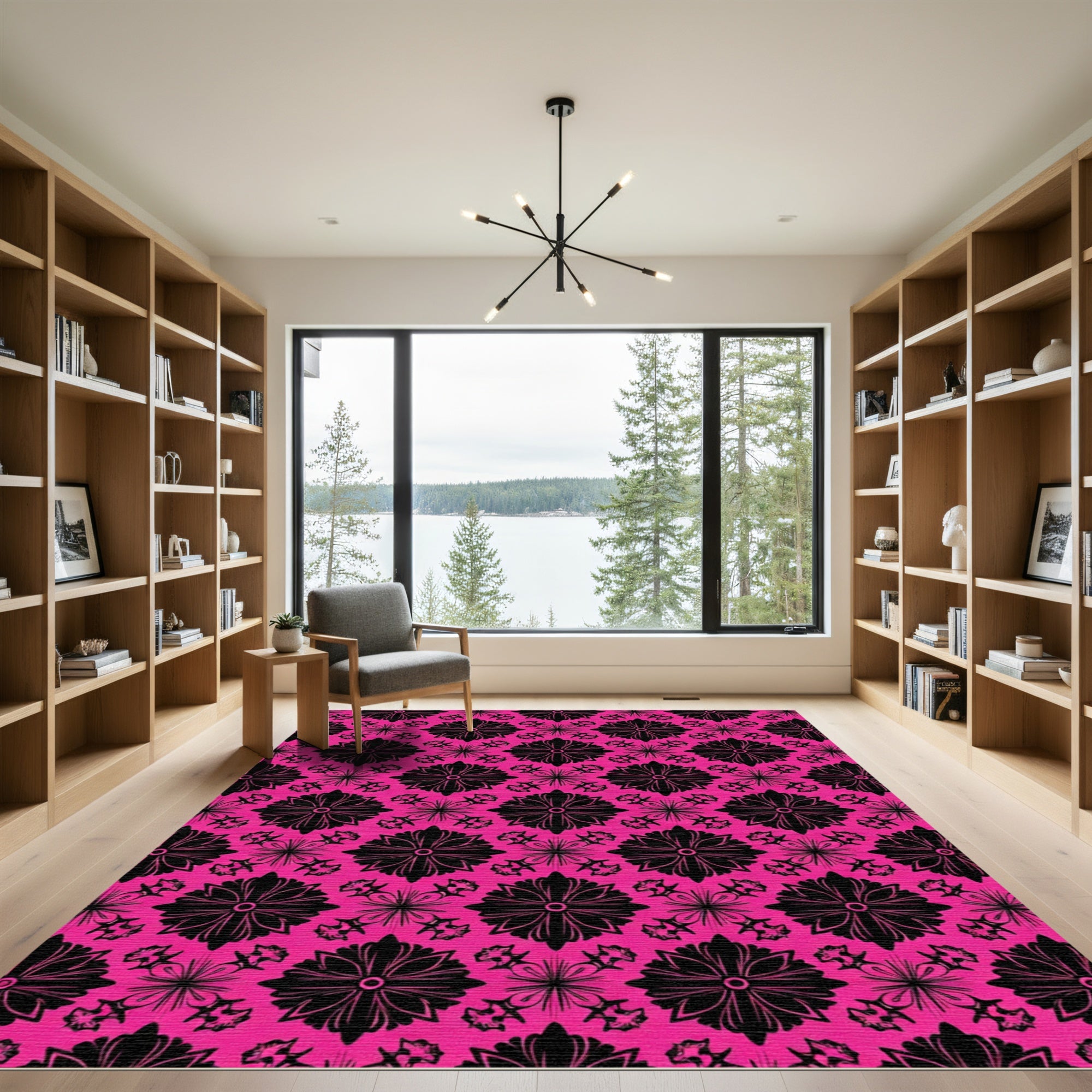 Bold Pink Black Floral medallion Rug