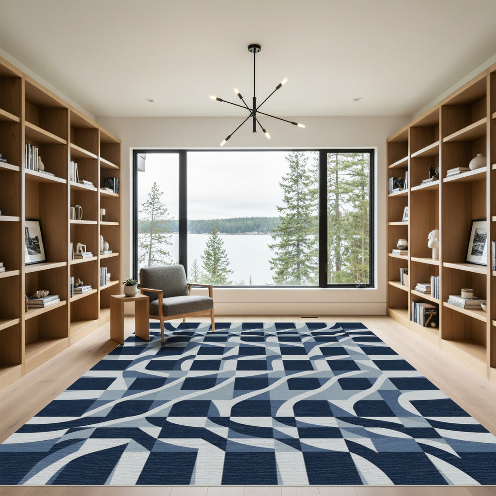Deep Blue Optical Illusion Squares Rug