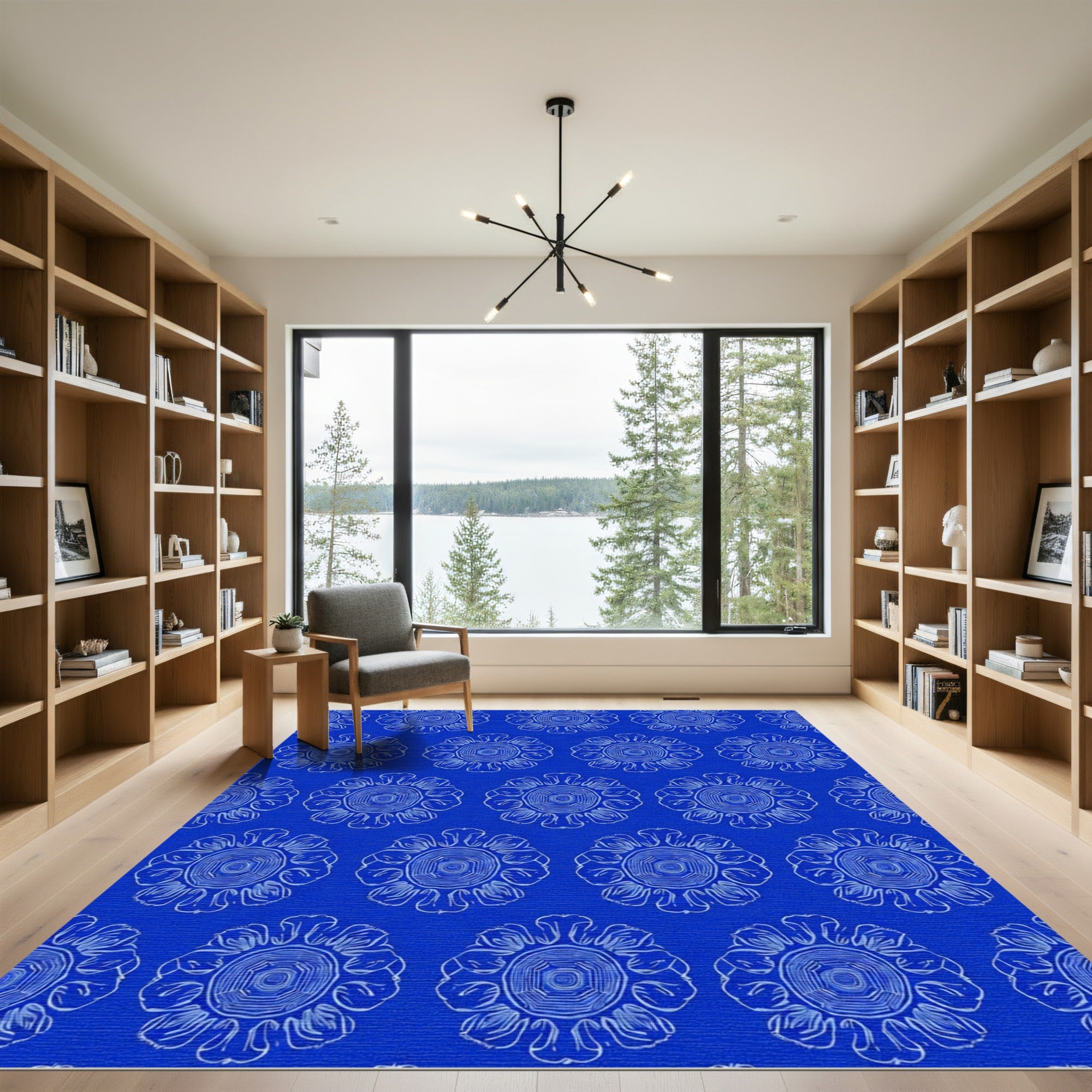 Deep Blue Floral Outline Medallion Rug