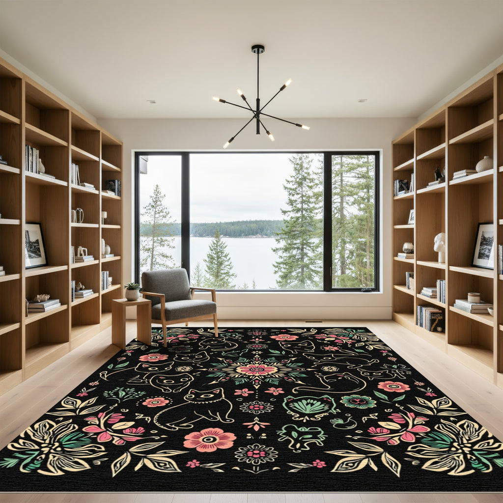 Whimsical Black Floral Cat Medallion Rug