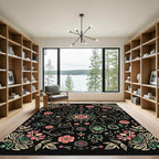Whimsical Black Floral Cat Medallion Rug