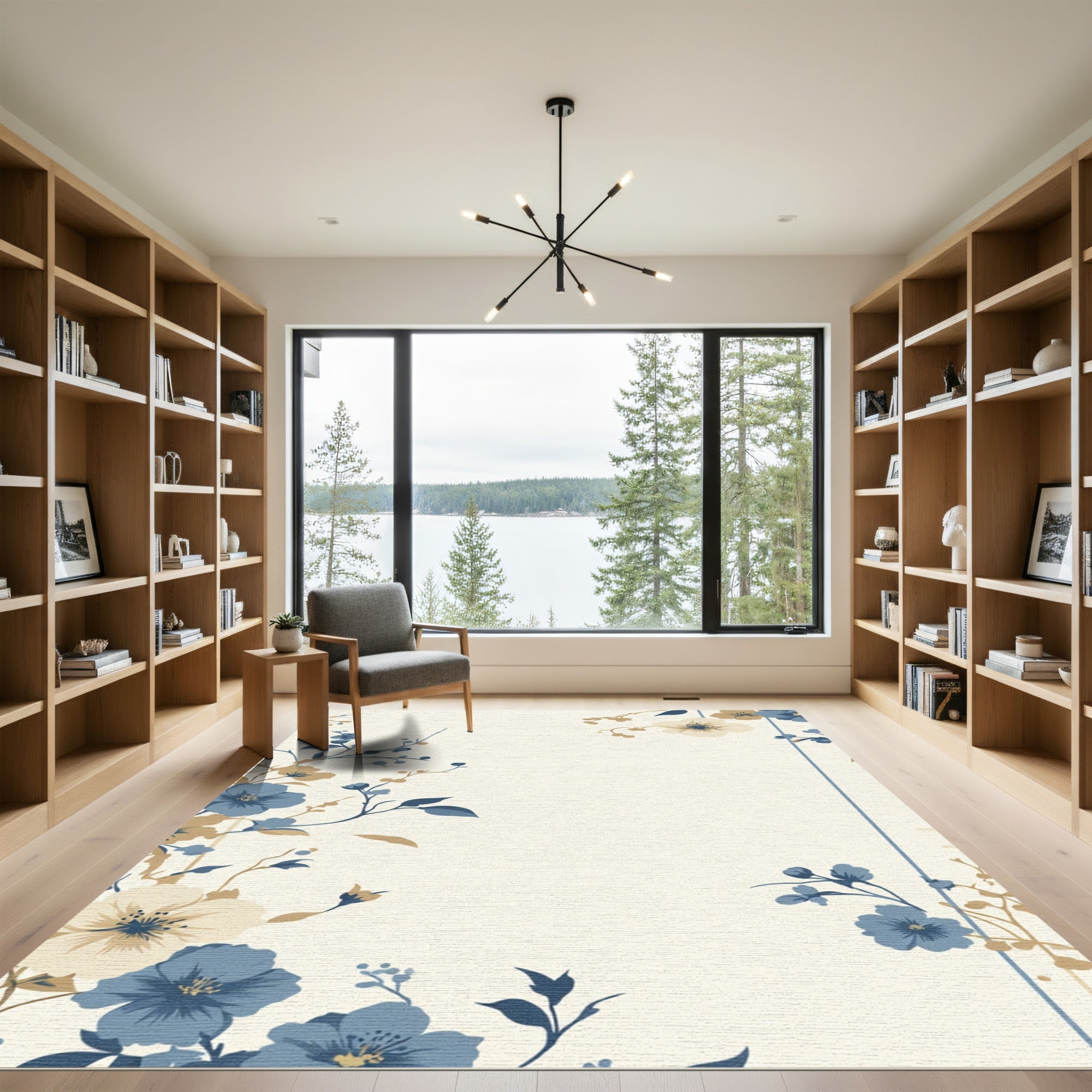 Cream Blue Brown Floral Border Rug